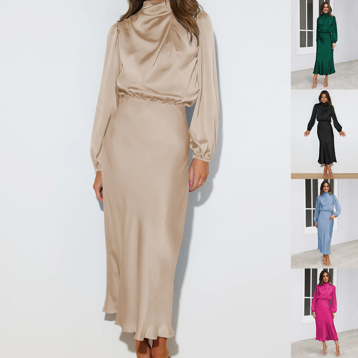 Elegant Temperament Long-sleeved Dress Satin Halterneck Formal Evening Dresses Women Clothing