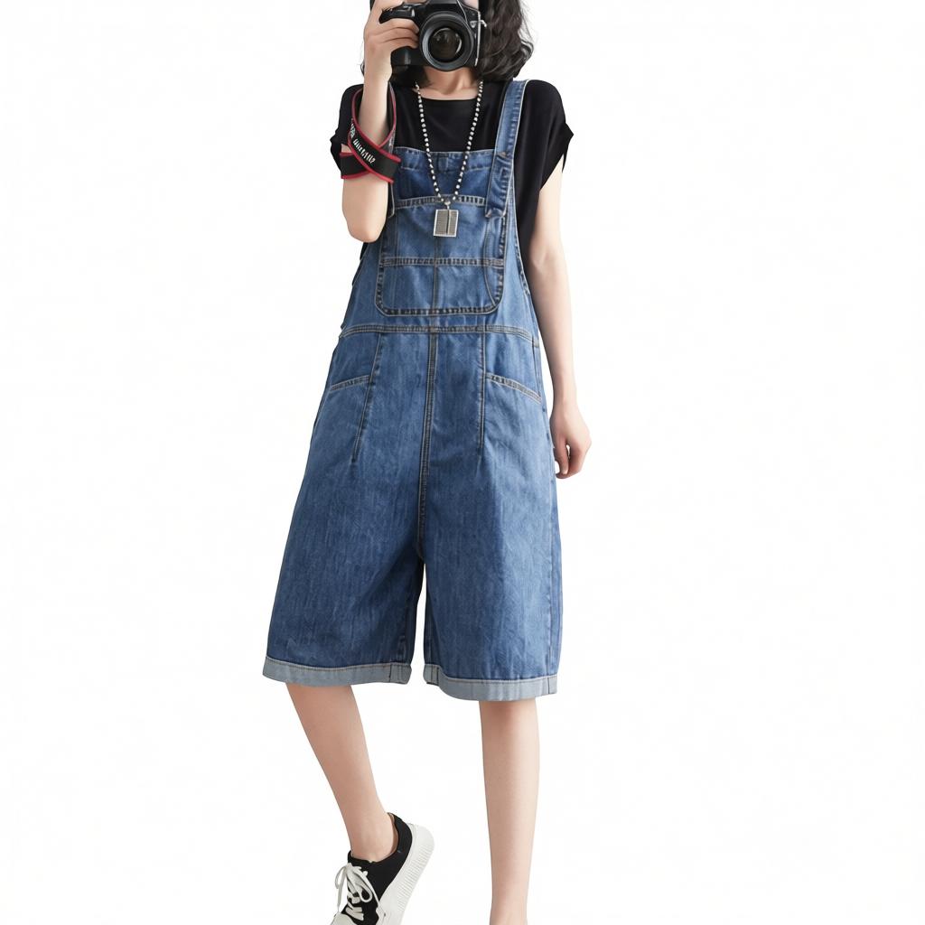 Women’s Denim Overall Shorts Baggy Wide Leg Romper
