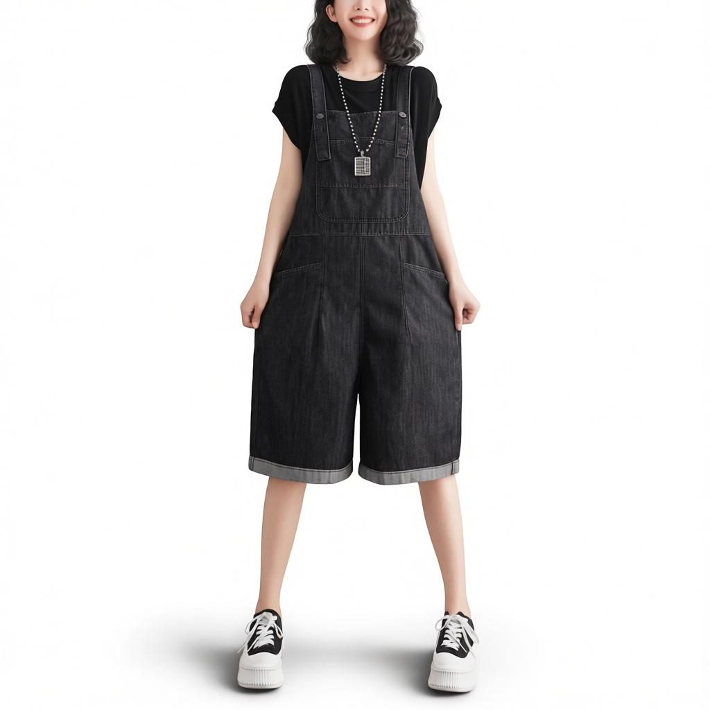 Women’s Denim Overall Shorts Baggy Wide Leg Romper