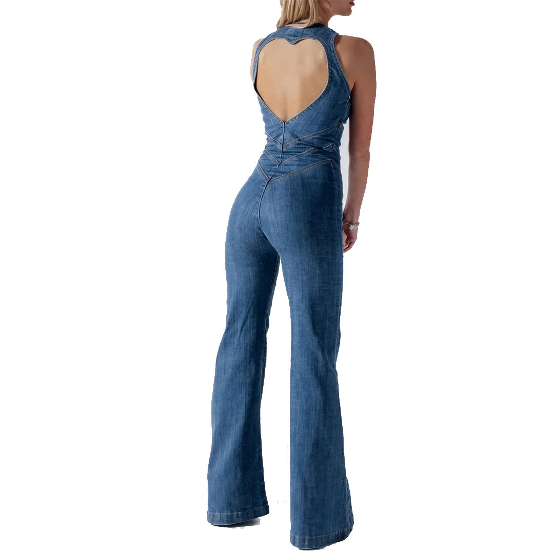 Women’s Backless Heart Cutout Denim Romper