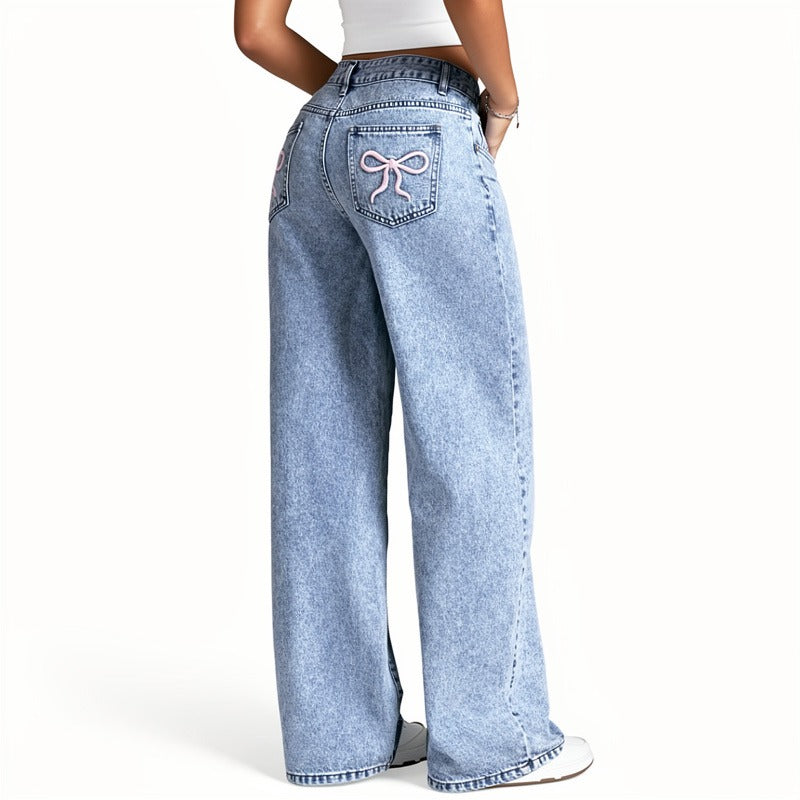 Women’s Bow Embroidered Wide Leg Denim Jeans