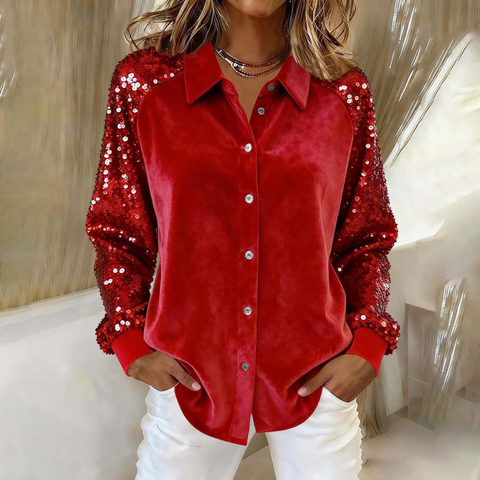 Women's Fashion Sequins Long Sleeve Blouses Casual Solid Long Sleeve Turn-down Collar Button Shirts Top Women Holiday Streetwear Clubwear Clothes