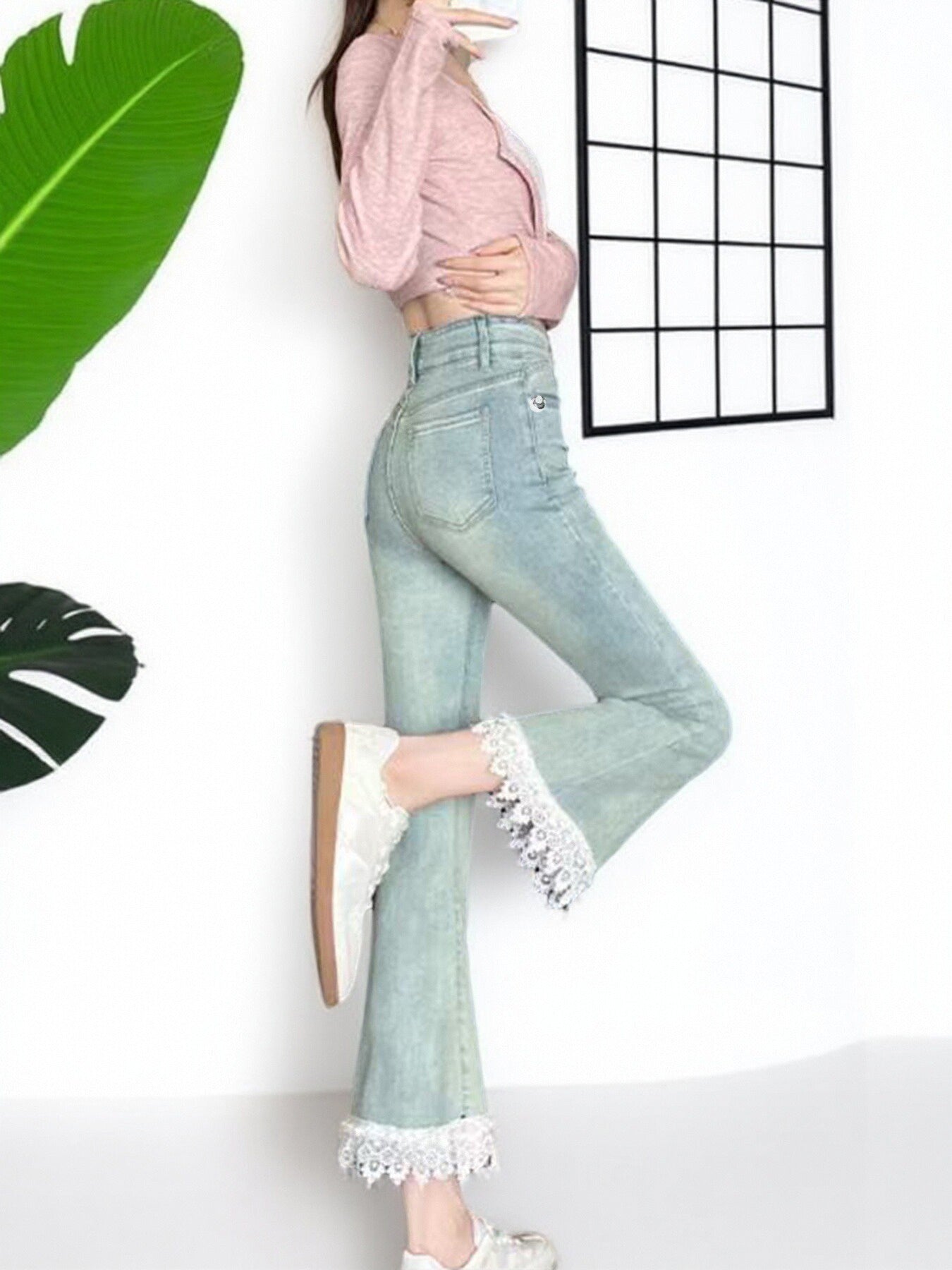 Jeans For Women, With Elastic Lace Lace And Lace Stitching, Micro Flared Jeans For Women In , Small And Stylish Design, Light Blue Jeans For Women, Cropped Jeans For Women, Casual Pants For Women,