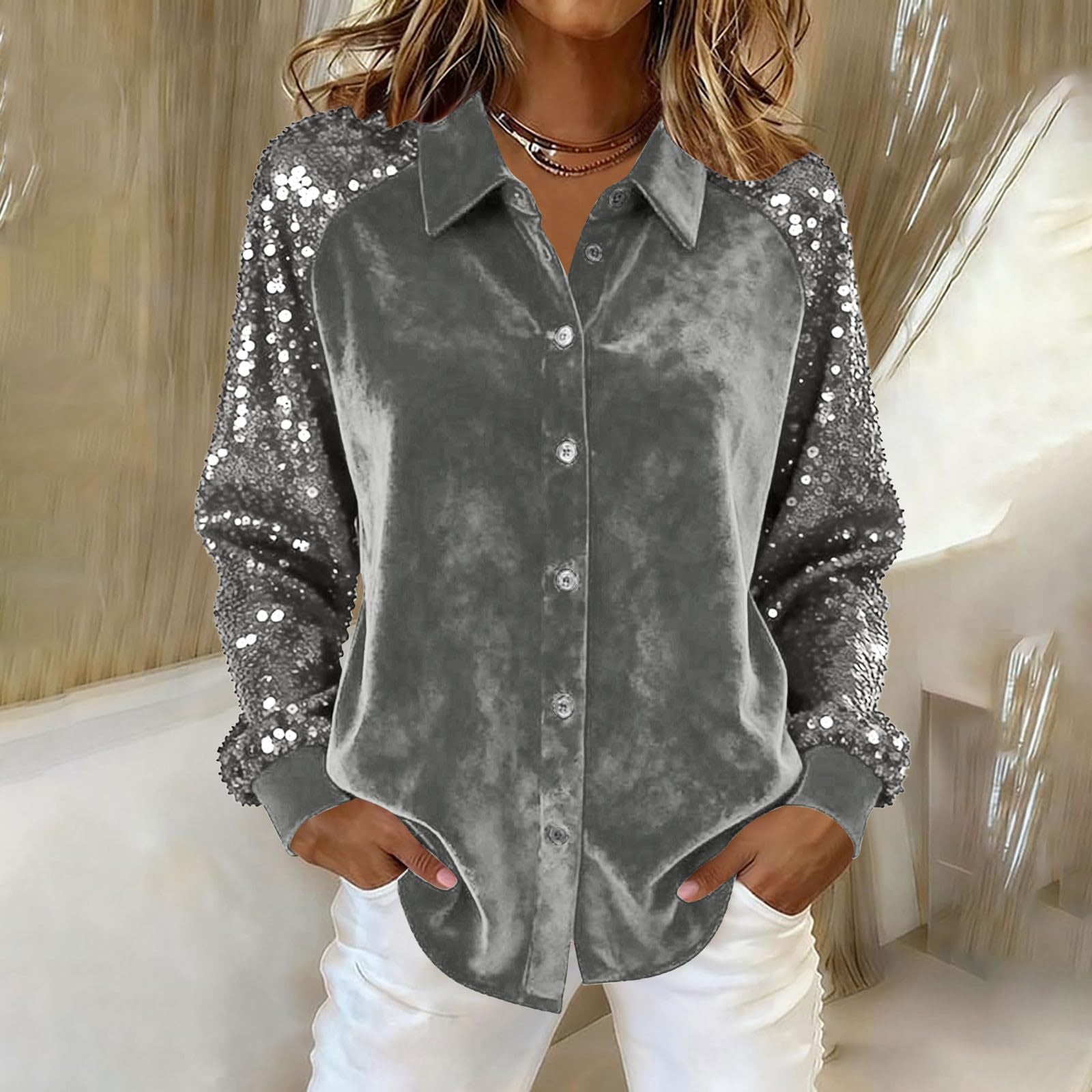 Women's Fashion Sequins Long Sleeve Blouses Casual Solid Long Sleeve Turn-down Collar Button Shirts Top Women Holiday Streetwear Clubwear Clothes