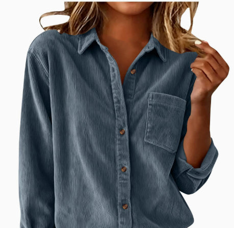 Corduroy Casual Loose Thick Shirt With Striped Turn-Down Collar And Long Sleeves