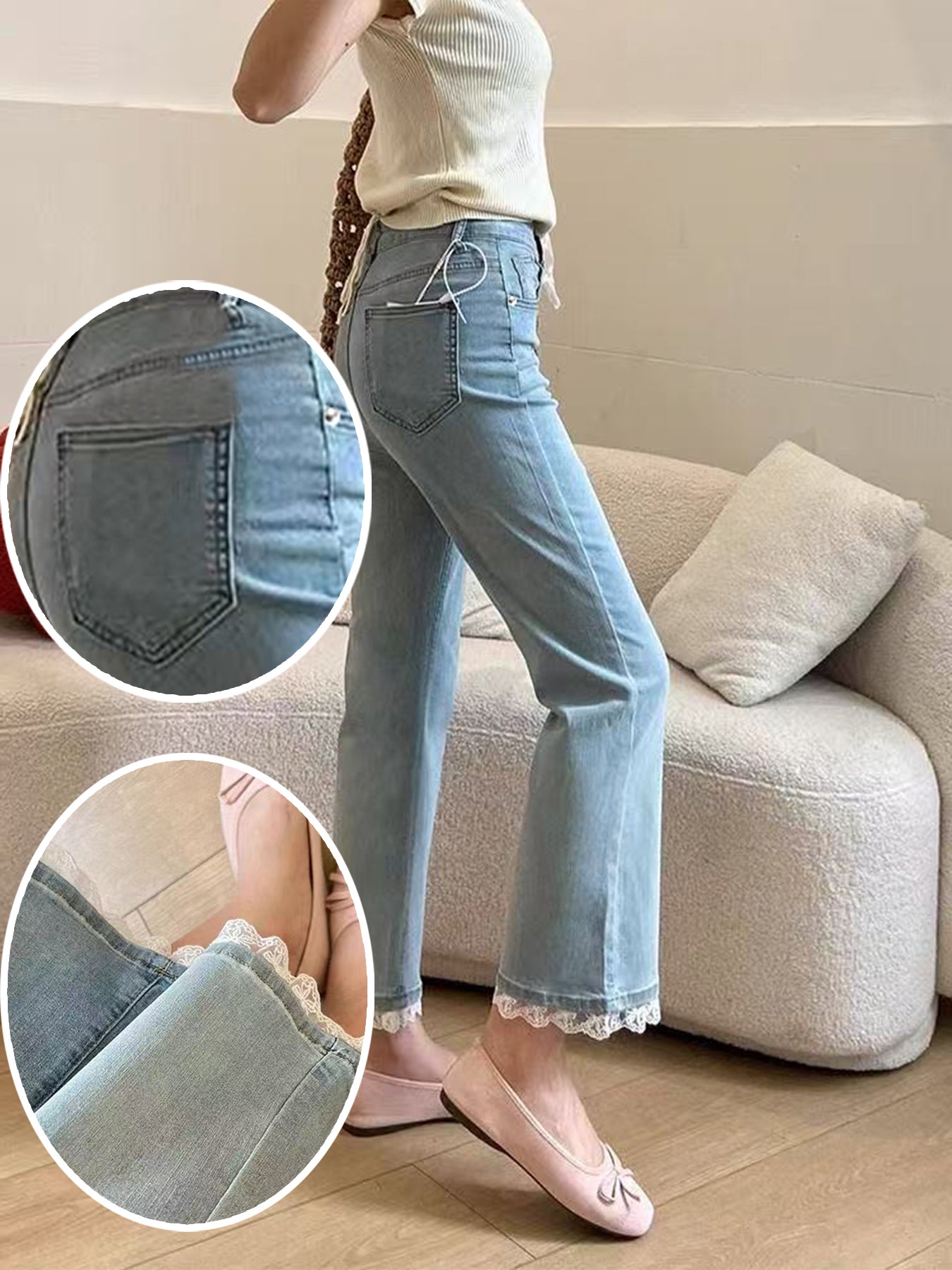 Jeans For Women, With Elastic Lace Lace And Lace Stitching, Micro Flared Jeans For Women In , Small And Stylish Design, Light Blue Jeans For Women, Cropped Jeans For Women, Casual Pants For Women,