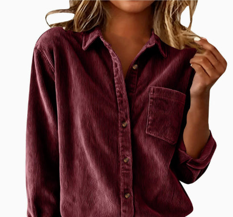 Corduroy Casual Loose Thick Shirt With Striped Turn-Down Collar And Long Sleeves